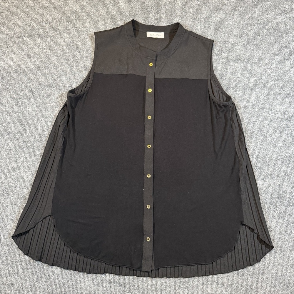 Calvin Klein Sz‎ M Womens Black Sleeveless Button Blouse Top Dressy Pleated Back